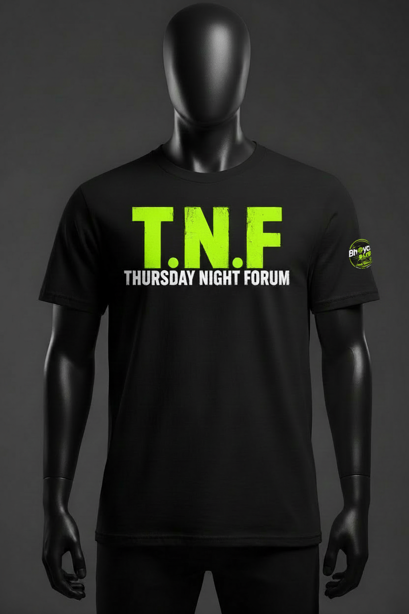 T.N.F. Thursday Night Forum Tee - black tee with lime green T.N.F. print and shamrock sleeve crest
