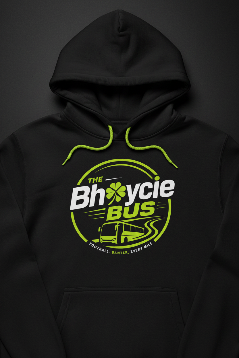 The Bhoycie Bus Shamrock Hoodie - black pullover with lime green drawstrings and shamrock crest