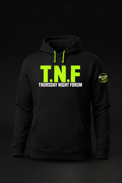 T.N.F. Thursday Night Forum Hoodie - black hoodie with lime green T.N.F. print and shamrock sleeve crest
