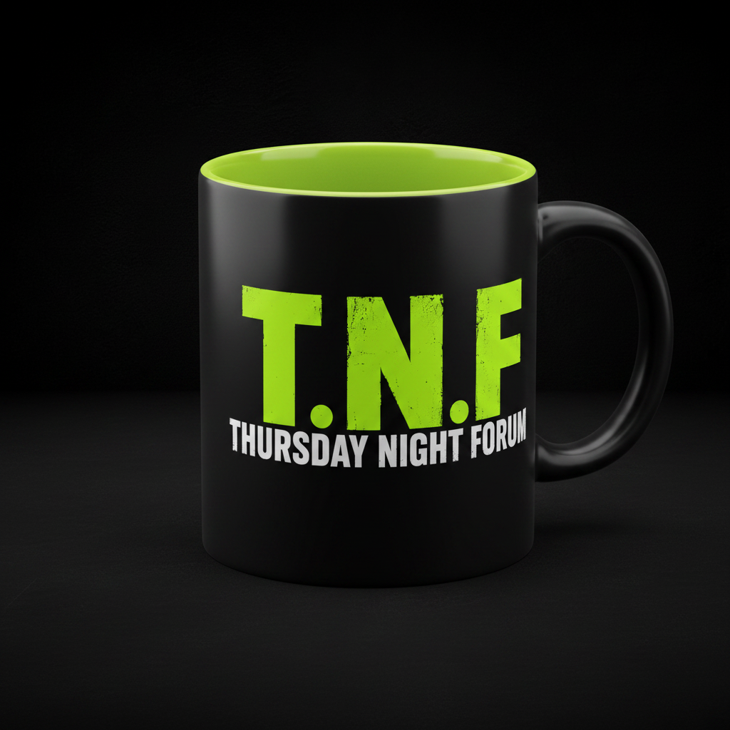 T.N.F. Thursday Night Forum Mug - matte black with lime green interior and bold T.N.F. print