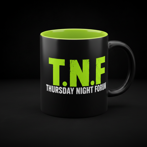 T.N.F. Thursday Night Forum Mug - matte black with lime green interior and bold T.N.F. print