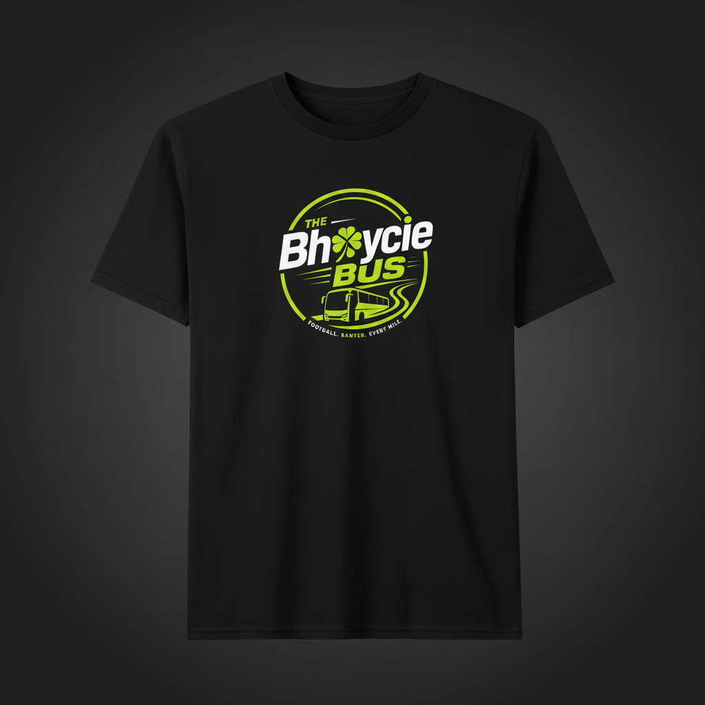 The Bhoycie Bus Shamrock Crest Tee - black t-shirt with lime green shamrock badge centred on chest