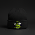 The Bhoycie Bus Shamrock Beanie - black beanie with lime green shamrock crest badge on front
