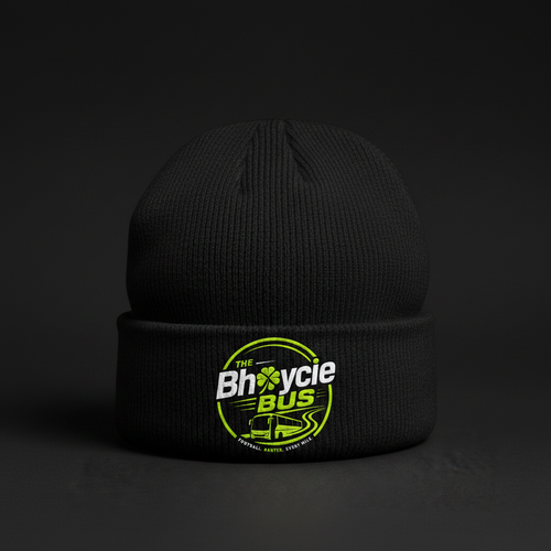 The Bhoycie Bus Shamrock Beanie - black beanie with lime green shamrock crest badge on front